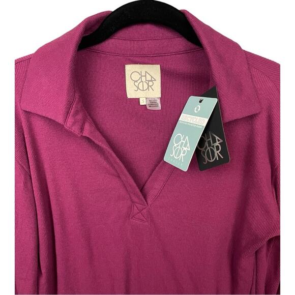 Chaser Open V-Neck Ribbed Long Sleeve Distressed Top in Plum‎ Size S NWT - Picture 3 of 8